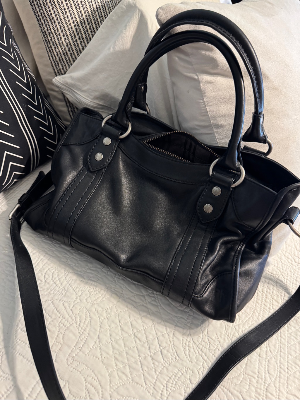 Frye Black Leather Satchel With Dual Handles & Crossbody Strap